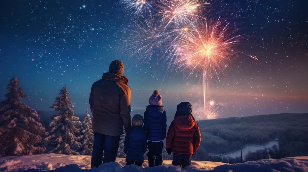 Thredbo 1380 Luxury Accomodation in Thredbo NSW, Australia New Year Fireworks Background. Illustration Ai Generative